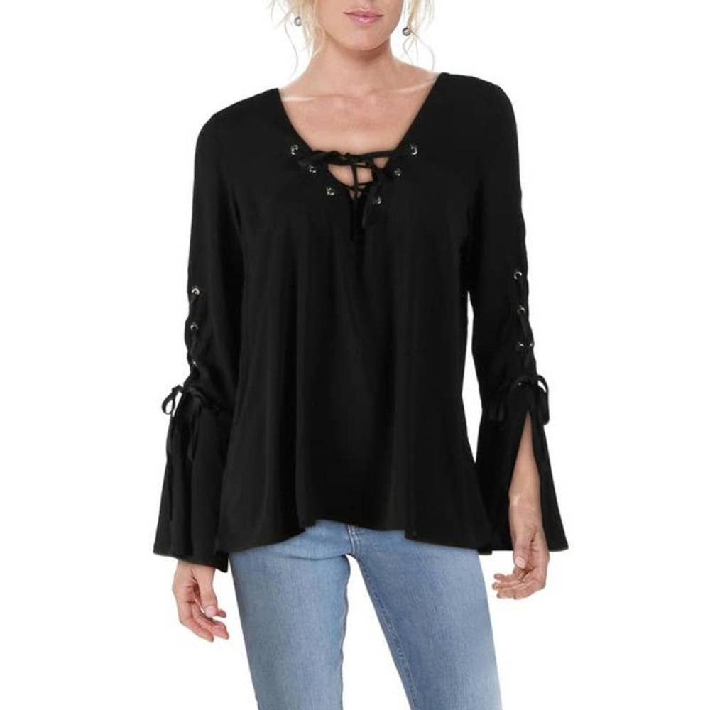 NWT BAND OF GYPSIES BLACK LACE UP BELL SLEEVE BOHO TOP - LARGE